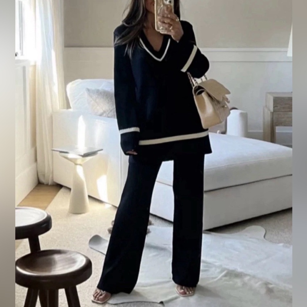 Dissh Elsie Knit Set XS Pants and Top Black Ribbed Stretchy Long Sleeve V Neck